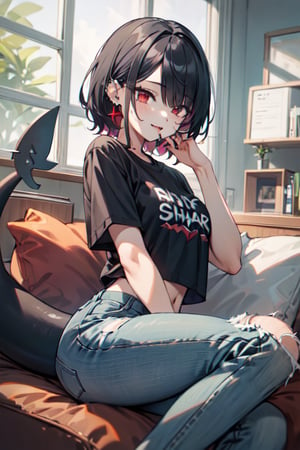 (beauty girl), (ultra-high picture quality), (masterpiece, best quality, highres:1.3), ultra resolution image, female, ((piercings, lip peircing, ear peircings)), shark girl, shark tail, fins, red eyes, (spot below left eye), thick thighs, grey shark tail, black hair, college student, modern clothing, jeans, t-shirt, shark, Detailedface, anime_screencap, anime, hair reaches past shoulders,ellen joe