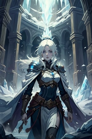 ((best quality)), ((masterpiece)), (detailed), scenery, pale skin, tomboy, (medieval), princess, ice, white hair, athletic, knight, long_ponytail, hourglass, ice magic, icemagicAI, ,Detailedface