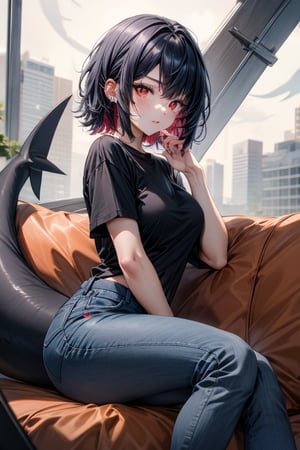 (beauty girl), (ultra-high picture quality), (masterpiece, best quality, highres:1.3), ultra resolution image, (1girl), (solo), female, piercings, lip peircing, shark girl, shark tail, fins, red eyes, (spot below left eye), thick thighs, grey shark tail, black hair, sitting, college, modern clothing, jeans, t-shirt, hair reaches back, shark, selachimorph, 