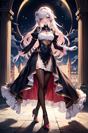 (masterpiece, best quality, highres:1.3), ultra resolution image, female, beautiful, long hair, dress, fantasy, medieval, pure white hair, slender, heels, silk white gloves, black pantyhose, princess, star,  ((Light blue and pink eyes)), starlight, glowing eyes, luminescent,