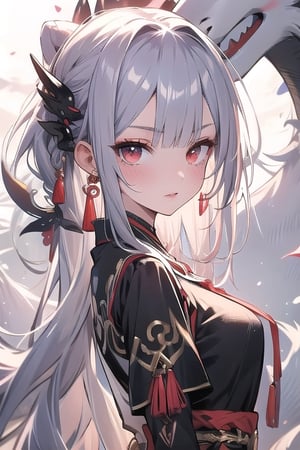 (masterpiece, best quality), (detailed), girl, red eyes, long hair, long tail of hair, midjourney portrait, long pony tail, bangs, single_braid, slender, east_asian_mythology,