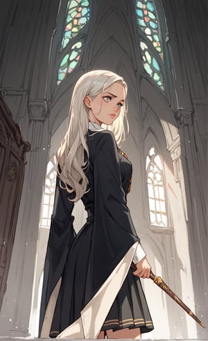 score_9_up, score_9, score_8_up, score_8, score_7, score_7_up, score_6_up, score_5_up, score_4_up, female, illustration, beautiful, cinematic, harry potter, slytherin, green and silver tie, black robes, skirt, platinum blonde hair, long hair,BREAK,source_anime