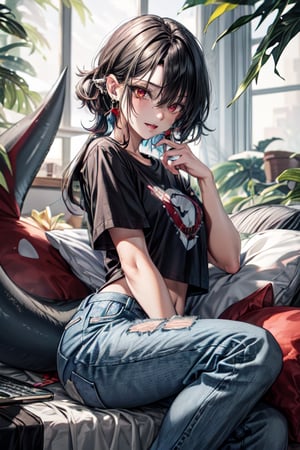 (beauty girl), (ultra-high picture quality), (masterpiece, best quality, highres:1.3), ultra resolution image, female, ((piercings, lip peircing)), shark girl, shark tail, fins, red eyes, (spot below left eye), thick thighs, grey shark tail, black hair, college student, modern clothing, jeans, t-shirt, shark, selachimorph, Detailedface