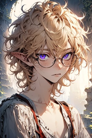 ((masterpiece)), ultra detailed, best quality, aesthetic, illustration, Beautiful eyes, detailed, background, stunning eyes, blonde hair, messy wavy hair, 1boy, male, nerdy, skinny, glasses, bruises, short hair, long bangs, deep blue eyes, purple eyes, vampire, pointed elven ears, freckled nose,