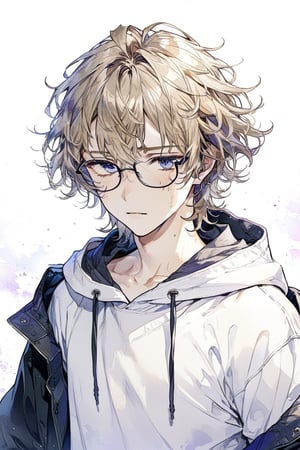 ((masterpiece)), ultra detailed, best quality, aesthetic, illustration, Beautiful eyes, detailed, background, stunning eyes, blonde hair, messy wavy hair, 1boy, male, nerdy, lean body, glasses, bruises, hoodie, short hair, long bangs, deep blue eyes, purple eyes,