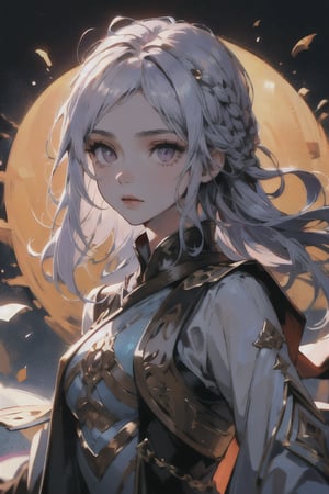 (beauty girl), (ultra-high picture quality), (masterpiece, best quality, highres:1.3), ultra resolution image, (1girl), (solo), female, Game of Thrones, ((purple eyes)), silver-gold hair, flowing gown, slender, atheltic, delicate yet regal face, high cheekbones, a small nose,Eyes,Beautiful eyes