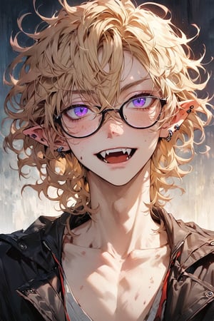 ((masterpiece)), ultra detailed, best quality, illustration, Beautiful eyes, detailed, background, stunning eyes, blonde hair, messy wavy hair, 1boy, male, nerdy, skinny, glasses, bruises, short hair, long bangs, deep blue eyes, purple eyes, vampire, pointed elven ears, freckled nose, lip ring, ear piercing, jacket,Fang