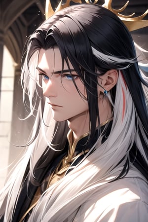 ((best quality)), ((masterpiece)), ((detailed)), long hair, black hair with white streaks, white streakd hair, streaked_hair, pointed_ears, male, king, regal, multicolored_hair,