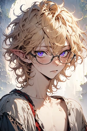 ((masterpiece)), ultra detailed, best quality, aesthetic, illustration, Beautiful eyes, detailed, background, stunning eyes, blonde hair, messy wavy hair, 1boy, male, nerdy, skinny, glasses, bruises, short hair, long bangs, deep blue eyes, purple eyes, vampire, pointed elven ears, freckled nose,