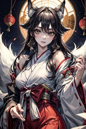 ((best quality)), ((masterpiece)), (detailed), female, slender, black hair, pale skin, green_eyes, straight_hair, beautiful, regal, japanese, traditional_japanese_clothes, kitsune, fox tails, kimono, animal_tails, ,Detailedface, petite, small breasts,