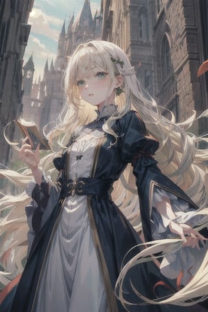 manga, anime, illustration, digital art, (masterpiece, best quality:1.2), (ultra detailed),(illustration), wallpaper, original, female, Green eyes, Wavy hair, Platinum Blonde hair, regal, queen, dress, medieval, high cheekbones, small nose, pale skin, freckles, adult, slender, 