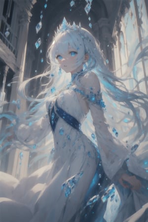 {{masterpiece}}, {{ultra detailed}}, {ultra quality}, {dramatic shadows}, {cinematic lighting}, intricate expression, princess, blue white hair set in perfect princess curls. blue white eyes, athletic, button nose, slender, pale skin ,portrait, royalty, icicles, ice, frost, emotion,