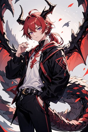 (masterpiece, best quality, highres:1.3), ultra resolution image, anime, 1boy, male, red hair, purple eyes, slit pupils, demi_human, tails, two tails, dragon horns, long hair tied into a pony tail, dragon scales,