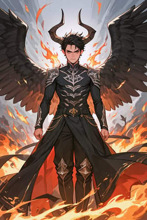 score_9_up, score_9, score_8_up, score_8, score_7, score_7_up, score_6_up, score_5_up, score_4_up, male, illustration, black hair, shoulder length hair, demon, regal horns, wings, black feathered wings, multiple wings, burning wings, refined clothes, arrogant, sharp features, semi realistic, lucifer, BREAK source_anime,