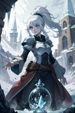 ((best quality)), ((masterpiece)), (detailed), scenery, pale skin, tomboy, (medieval), princess, ice, white hair, athletic, knight, long_ponytail, hourglass, ice magic, icemagicAI, 