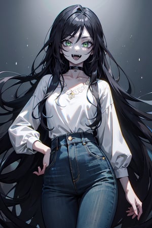 manga, anime, illustration, digital art, background, (masterpiece, best quality), female, emerald green eyes, black hair, long hair, (vampire), slender figure, jeans, white blouse, silver choker, ((fangs)), black lipstick, styled hair, flowing hair,