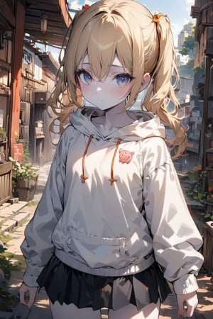 ((masterpiece)), ultra detailed, best quality, illustration, Beautiful eyes, detailed, background, scenery, detailed_background, stunning eyes, female, 1girl, slender, petite, pale skin, cute, blonde hair, detailed hair, pig tails, skirt, white hoodie, v-tuber,