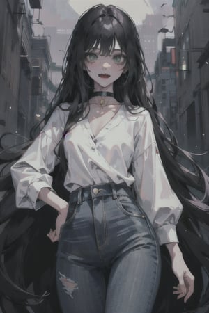 manga, anime, illustration, digital art, background, (masterpiece, best quality), female, emerald green eyes, black hair, long hair, (vampire), college student, slender figure, jeans, white blouse, silver choker, fangs, 