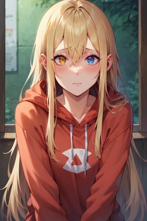 score_9, score_8_up, score_7_up, score_6_up, BREAK source_anime, female, seldner , shy girl, long blonde hair, pretty, nerdy, heterochromia, blue and amber eyes, baggy clothing, make-up, hourglass_figure, masterpiece, best quality, aesthetic, hoodie,
