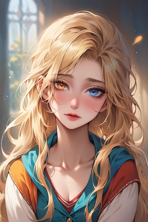 ((​masterpiece)), (extremely delicate and beautiful), Digital art, female, slender, long blonde hair, beautiful, nerdy, heterochromia, blue and amber eyes, make-up, shy girl, pony_tail,