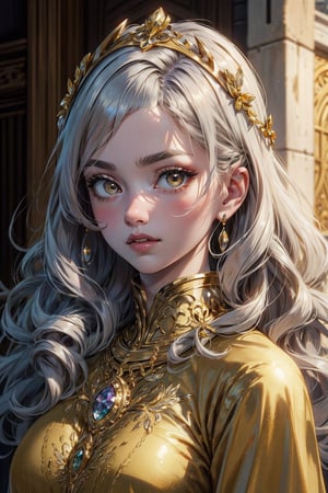 ((masterpiece)), ((ultra detailed)), (ultra quality), (very_high_resolution), realistic, very realistic , scenery, pale skin, circlet, jewelery, bangs, straigh curly hair, long_silver_hair, medieval style, ornate clothing, hair_accessories, golden yellow eyes, bright_pupils, big eyes,Detailedface,More Detail