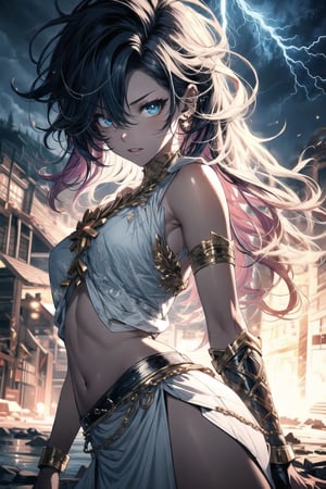 manga, anime, illustration, digital art, (masterpiece, best quality:1.2), (ultra detailed),(illustration), wallpaper, original, female, long black and red hair, messy hair, greek_mythology, white chiton, long hair, wrath, lithe, athletic figure, midjourney, greek clothes, stormy blue eyes, piercing eyes, multicolored_hair, lightning,