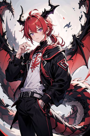 (masterpiece, best quality, highres:1.3), ultra resolution image, anime, 1boy, male, red hair, purple eyes, slit pupils, demi_human, tails, two tails, dragon horns, long hair tied into a pony tail, dragon scales,
