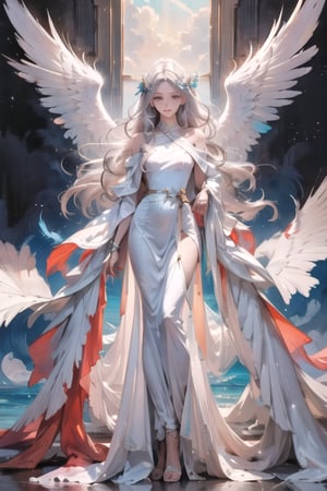 manga, anime, illustration, digital art, background, (masterpiece, best quality), female, wings, winged, silver hair, long flowing hair, slender figure, flowing white robes, turquoise eyes, long dress, hourglass_figure,