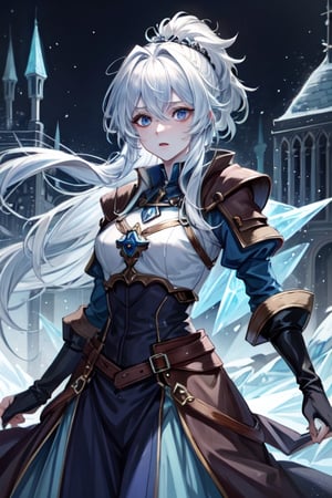 ((best quality)), ((masterpiece)), (detailed), scenery, pale skin, tomboy, (medieval), princess, ice, white hair, athletic, knight, long_ponytail, hourglass, ice magic, icemagicAI, portrait