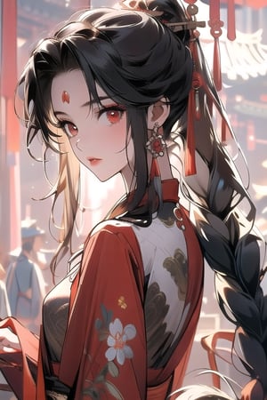 (masterpiece, best quality), (detailed), girl, red eyes, long hair, long tail of hair, midjourney portrait, long pony tail, bangs, single_braid, slender, black hair, east_asian_clothing,Chinese style