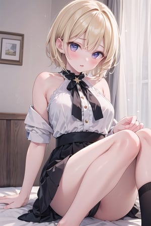 (masterpiece, best quality, highres:1.3), ultra resolution image, (1girl), (solo), female, blondehair, pale skin, realistic, medium_breasts, black stockings,  black star in each eye