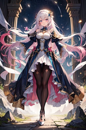 (masterpiece, best quality, highres:1.3), ultra resolution image, female, beautiful, long hair, dress, fantasy, medieval, pure white hair, ((Light blue and pink eyes)), slender, starlight, heels, silk white gloves, black pantyhose, princess, star, 