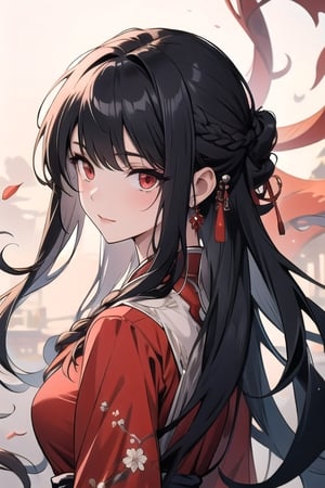 (masterpiece, best quality), (detailed), girl, red eyes, long hair, long tail of hair, midjourney portrait, long pony tail, bangs, single_braid, slender, black hair, east_asian_clothing,