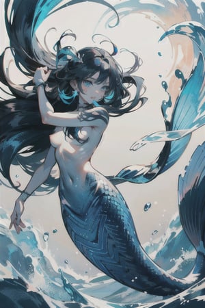 manga, anime, illustration, digital art, background, (masterpiece, best quality), female, slender, Great White Shark, Great White Shark Mermaid, (dark blue hair), long and flowing hair that often getting tangled in seaweed and coral, piercing blue eyes, pale skin, body is covered in intricate swirling patterns of darker blue and white, great white shark, a shimmering tail with a powerful caudal fin and dorsal fins running along her back, scales, scales on arms, fins, ((mermaid)), topless, dorsel fins, species_fish, shark,