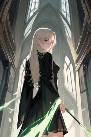  female, illustration, beautiful, cinematic, harry potter, slytherin, green and silver tie, black robes,, skirt, platinum blonde hair, long hair, 