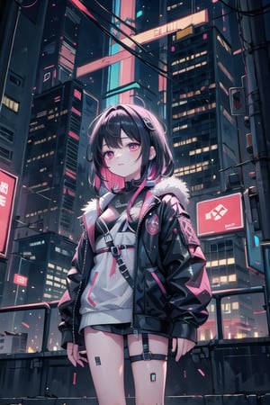 artoon, anime, illustration, digital art, background, (masterpiece, best quality), background, female, cyberpunk, black hair, multicolored_hair, augmented_body, cybernetics, lone female in a cyberpunk city, jacket, cyborg,robotskin