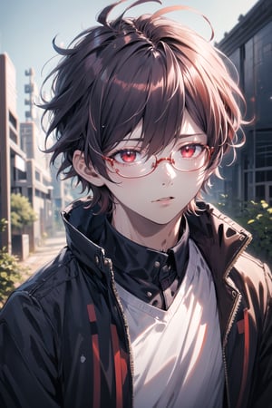  masterpiece, best quality, high quality, highres, official art, extremely detailed, ultra detailed, absurdres, detailed eyes, ((male, 1boy)), dark red hair, school, anime, slender, red eyes, scenery, background, glasses, messy hair with bangs, portrait, school_uniform,