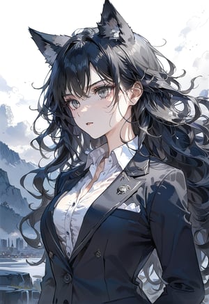 ((masterpiece)), ultra detailed, best quality, 8k, aesthetic, 1girl, female, illustration, Beautiful eyes, detailed, background, stunning eyes, long hair, black hair, wild hair, grey eyes, wolf ears, athletic, white shirt, blazer, Expressiveh,dark theme, muscle,scenery, background, fantasy, landscape,