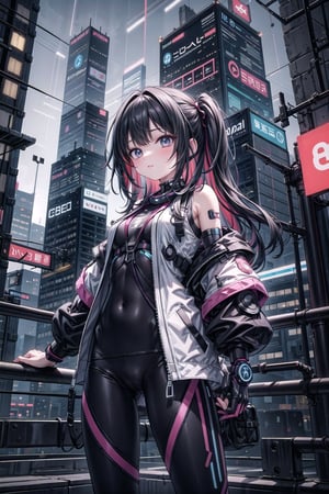 artoon, anime, illustration, digital art, background, (masterpiece, best quality), background, female, cyberpunk, black hair, (multicolored_hair), augmented_body, ((cybernetics)), jacket, cyborg,robotskin,  highly detailed, textured hair, bangs, leggings, port on her neck,cyber_mark, casual clothes, arms, rolled up sleeves, t-shirt,