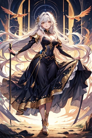 (masterpiece, best quality, highres:1.3), ultra resolution image, female, beautiful, long hair, dress, fantasy, medieval, white hair, golden eyes, young lady, slender, starlight, gold eyes, yellow eyes, 