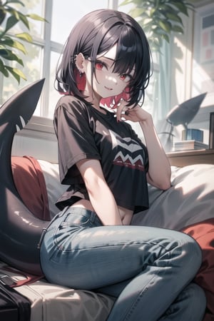 (beauty girl), (ultra-high picture quality), (masterpiece, best quality, highres:1.3), ultra resolution image, female, ((piercings, lip peircing, ear peircings)), shark girl, shark tail, fins, red eyes, (spot below left eye), thick thighs, grey shark tail, black hair, college student, modern clothing, jeans, t-shirt, shark, Detailedface, anime_screencap, anime, hair reaches past shoulders,