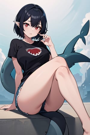 (masterpiece, best quality, highres:1.3), ultra resolution image, (1girl), (solo), female, piercing, shark girl, shark tail, fins, fish tail, (red eyes:1.3),  spot below left eye, thick thighs, grey shark tail, black hair, sitting, college, modern clothing, jeans, t-shirt,ellen joe