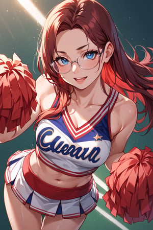 score_9_up, score_9, score_8_up, score_8, score_7, score_7_up, score_6_up, score_5_up, score_4_up, female, illustration, high contrast, low saturation, beautiful, cinematic, colourful lighting, dark red hair, red hair, glasses, petite, long hair, blue eyes, cheerleader, college, BREAK,source_anime