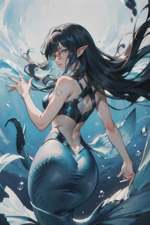 manga, anime, illustration, digital art,(masterpiece, best quality), female, slender, ((Great White Shark Mermaid)), Angular and strong face, high cheekbones, pointed chin, dark blue hair, long and flowing hair that often getting tangled in seaweed and coral, eyes are a piercing shade of blue, upper body of a human, pale skin, body is covered in intricate swirling patterns of darker blue and white that is reminiscent of a great white shark's skin, Her hips and legs merge into a shimmering tail that is complete with a powerful caudal fin and a series of deadly-looking dorsal fins running along her back,((mermaid))