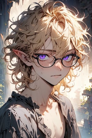 ((masterpiece)), ultra detailed, best quality, illustration, Beautiful eyes, detailed, background, stunning eyes, blonde hair, messy wavy hair, 1boy, male, nerdy, skinny, glasses, bruises, short hair, long bangs, deep blue eyes, purple eyes, vampire, pointed elven ears, freckled nose,