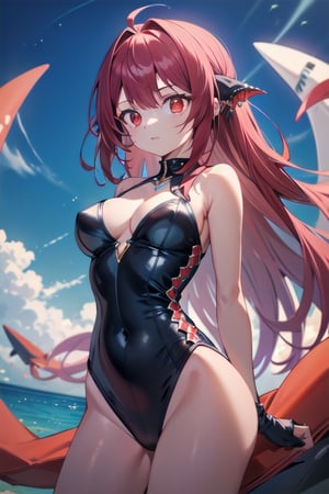 (masterpiece, best quality, highres:1.3), ultra resolution image, (1girl), (solo), female, piercing, shark girl, shark tail, fins, fish tail, (red eyes:1.3),