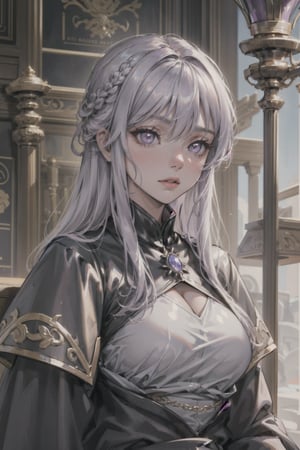 (beauty girl), (ultra-high picture quality), (masterpiece, best quality, highres:1.3), ultra resolution image, (1girl), (solo), female, Game of Thrones, ((purple eyes)), silver-gold hair, flowing gown, slender, atheltic, delicate yet regal face, high cheekbones, a small nose,
