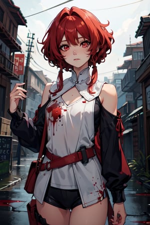 (masterpiece, best quality), (detailed), female, blood red eyes, shoulder length hair, anime girl, calm, slim, dark red hair, petite,