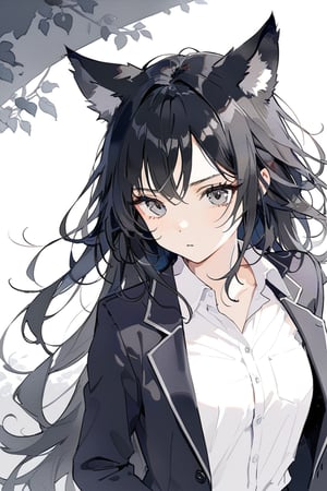 ((masterpiece)), ultra detailed, best quality, 8k, aesthetic, 1girl, female, illustration, Beautiful eyes, detailed, background, stunning eyes, long hair, black hair, wild hair, grey eyes, wolf ears, athletic, white shirt, blazer, 