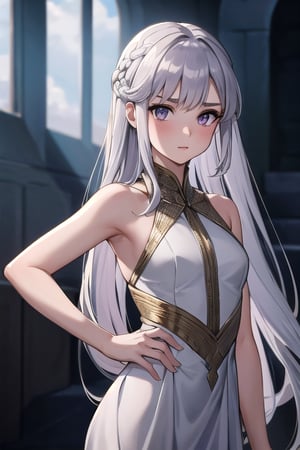 (beauty girl), (ultra-high picture quality), (masterpiece, best quality, highres:1.3), ultra resolution image, (1girl), (solo), female, Game of Thrones, purple eyes, silver-gold hair, flowing gown in shades of blue and silver, slender, atheltic, delicate yet regal face with high cheekbones and a small nose,